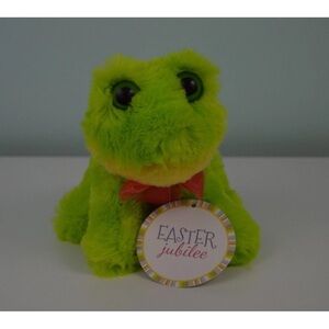 Dan Dee Frog Plush Stuffed Animal Toy Green Yellow Pink Bow Big Eyes 6" Easter